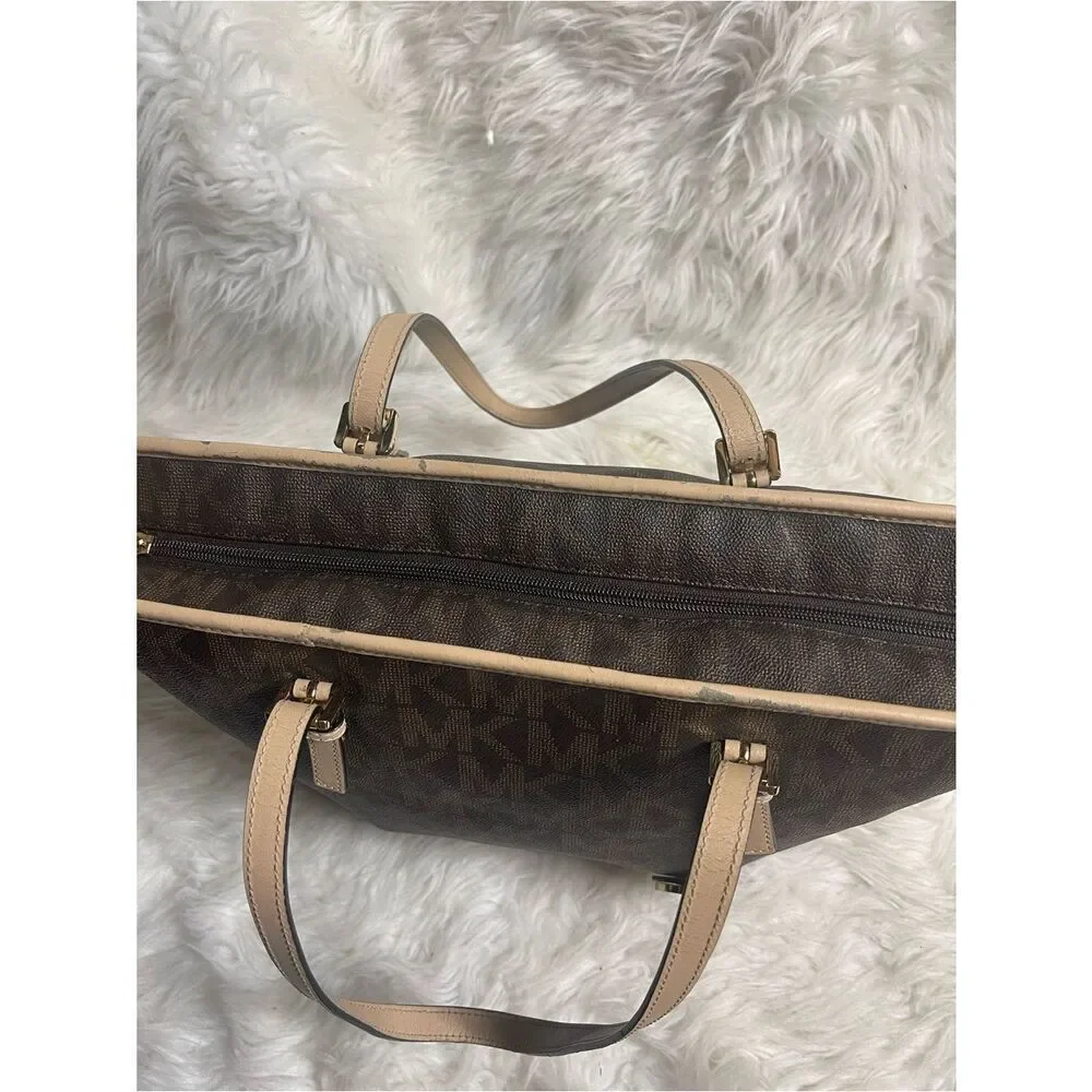Michael Kors Brown MK Logo Tote with leather Beige Trim& straps